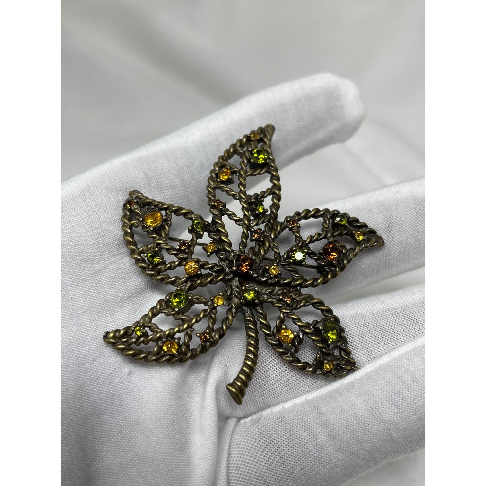 Avon Womens Vintage Leaf Brooch Earring Set OS Bronze Rhinestone Autumn Jewelry - Picture 4 of 9